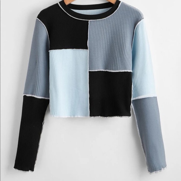 Blue/Black Contrast Stitching Long Sleeve Shirt - Picture 2 of 4